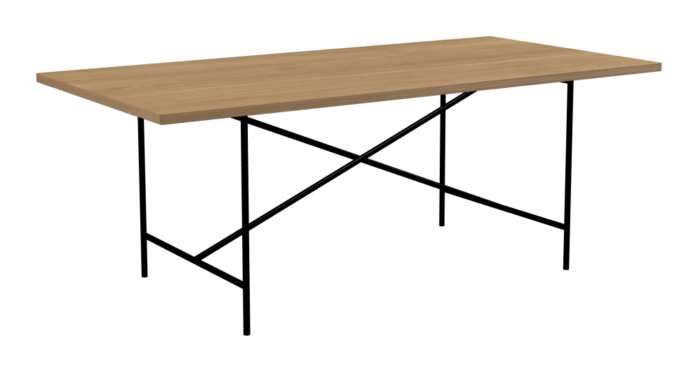 E2 Tisch - Form Eckig - Länge 200,00 cm - Tiefe 100,00 cm - Radius 1,00 cm - Stärke 2,9 cm - Oberseite Holzfurnier, Eiche - Kern Stäbchenplatte - Kante Holz, Eiche - Kantenschräge 90° / E2 Tischgestell - Material und Farbe Stahl, Tiefschwarz (RAL 9005) - Kreuzstreben Mittig - Länge 135 cm - Breite 78 cm - Höhe 72 cm