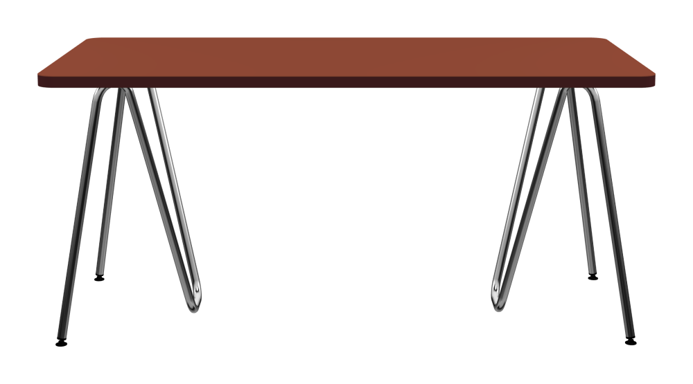 SINUS Tisch - Form Eckig - Länge 160,00 cm - Tiefe 80,00 cm - Radius 5,00 cm - Stärke 3 cm - Freiformfläche 1.00000000 - Oberseite Linoleum, 4008 Brick - Kern Stäbchenplatte - Kante Linoleum, 4154 Burgundy - Kantenschräge 90° / SINUS Tischböcke - Material und Farbe Stahl, Verchromt - Größe M: L 63 × B 36 × H 72 cm