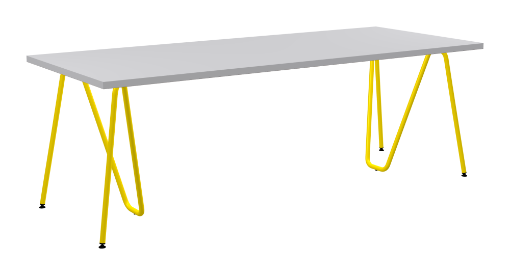 SINUS Tisch - Form Eckig - Länge 220,00 cm - Tiefe 90,00 cm - Radius 0,30 cm - Stärke 3 cm - Oberseite Linoleum, 4177 Vapour - Kern Stäbchenplatte - Kante Linoleum, 4177 Vapour - Kantenschräge 90° / SINUS Tischböcke - Material und Farbe Stahl, Pulverbeschichtet, Zinkgelb (RAL 1018) - Größe L: L 74 × B 36 × H 72 cm