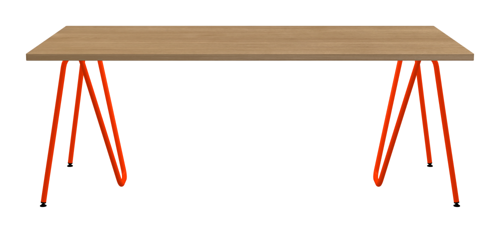 SINUS Tisch - Form Eckig - Länge 200,00 cm - Tiefe 100,00 cm - Radius 1,00 cm - Stärke 2,9 cm - Oberseite Holzfurnier, Eiche - Kern Stäbchenplatte - Kante Holz, Eiche - Kantenschräge 90° / SINUS Tischböcke - Material und Farbe Stahl, Pulverbeschichtet, Blutorange (RAL 2002) - Größe L: L 74 × B 36 × H 72 cm