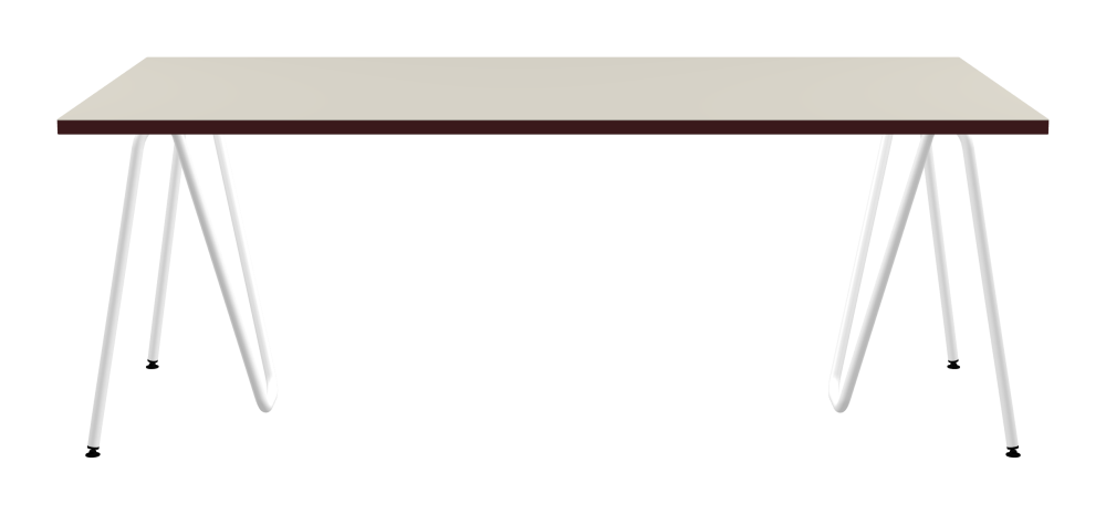 SINUS Tisch - Form Eckig - Länge 200,00 cm - Tiefe 100,00 cm - Radius 0,30 cm - Stärke 3 cm - Oberseite Linoleum, 4176 Mushroom - Kern Stäbchenplatte - Kante Linoleum, 4154 Burgundy - Kantenschräge 90° / SINUS Tischböcke - Material und Farbe Stahl, Pulverbeschichtet, Verkehrsweiß (RAL 9016) - Größe L: L 74 × B 36 × H 72 cm