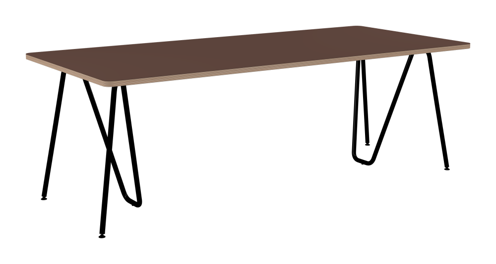 SINUS Tisch - Form Eckig - Länge 220,00 cm - Tiefe 100,00 cm - Radius 4,00 cm - Stärke 2,6 cm - Freiformfläche 1.00000000 - Oberseite Linoleum, 4009 Espresso - Kern Multiplex Birke - Kantenschräge 90° / SINUS Tischböcke - Material und Farbe Stahl, Pulverbeschichtet, Tiefschwarz (RAL 9005) - Größe L: L 74 × B 36 × H 72 cm