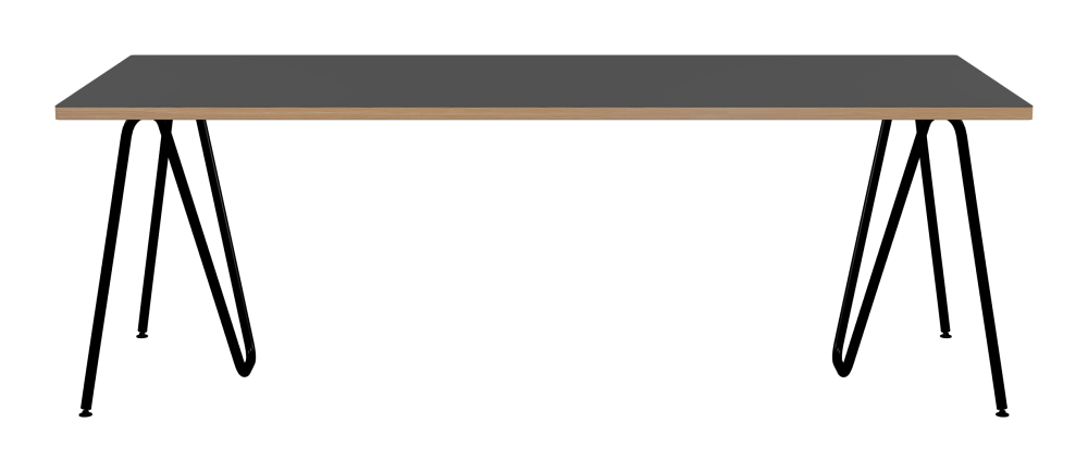 SINUS Tisch - Form Eckig - Länge 220,00 cm - Tiefe 90,00 cm - Radius 1,00 cm - Stärke 3 cm - Oberseite Linoleum, 4012 Basalt - Kern Stäbchenplatte - Kante Holz, Lärche - Kantenschräge 90° / SINUS Tischböcke - Material und Farbe Stahl, Pulverbeschichtet, Tiefschwarz (RAL 9005) - Größe L: L 74 × B 36 × H 72 cm