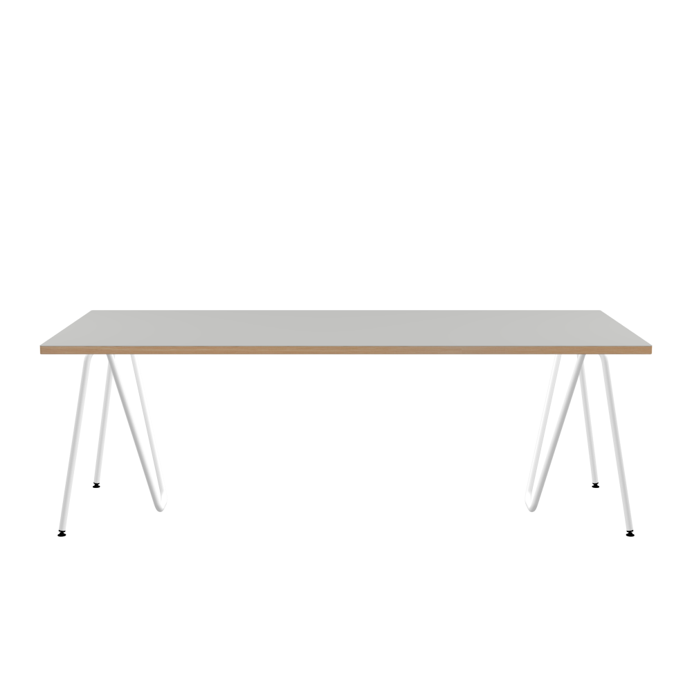 SINUS Tisch - Form Eckig - Länge 220,00 cm - Tiefe 100,00 cm - Radius 1,00 cm - Stärke 3 cm - Oberseite Linoleum, 4175 Pebble - Kern Stäbchenplatte - Kante Holz, Lärche - Kantenschräge 90° / SINUS Tischböcke - Material und Farbe Stahl, Pulverbeschichtet, Verkehrsweiß (RAL 9016) - Größe L: L 74 × B 36 × H 72 cm