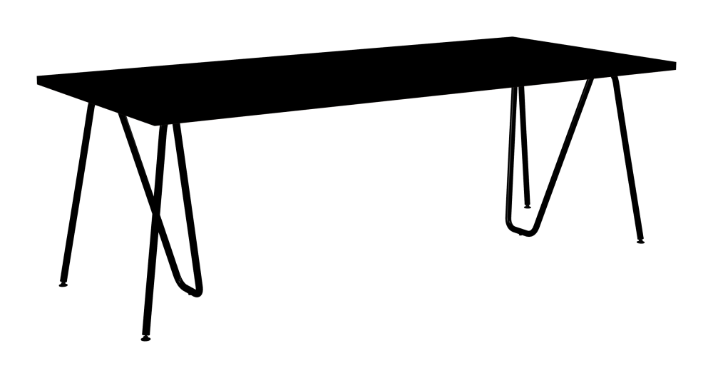 SINUS Tisch - Form Eckig - Länge 220,00 cm - Tiefe 100,00 cm - Radius 0,30 cm - Stärke 3 cm - Oberseite Linoleum, 4023 Nero - Kern Stäbchenplatte - Kante Linoleum, 4023 Nero - Kantenschräge 90° / SINUS Tischböcke - Material und Farbe Stahl, Pulverbeschichtet, Tiefschwarz (RAL 9005) - Größe L: L 74 × B 36 × H 72 cm