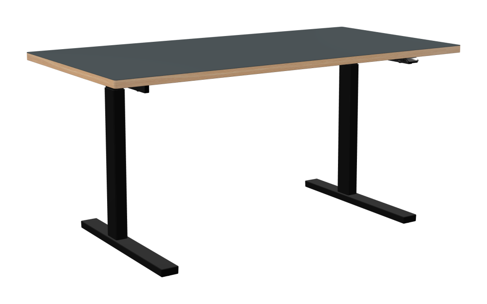 ATS Desk - Shape Square - Length 160.00 cm - Width 80.00 cm - Radius 1.00 cm - Thickness 3 cm - Surface Linoleum, 4155 Pewter - Core Laminboard - Edge Wood, Larch - Profile Edge 90° / ATS Desk Frame - Material and Colour Powder coated, Jet black (RAL 9005) - Size L 126 × W 71 cm - Lifting Columns Rectangle - Control Unit Standard