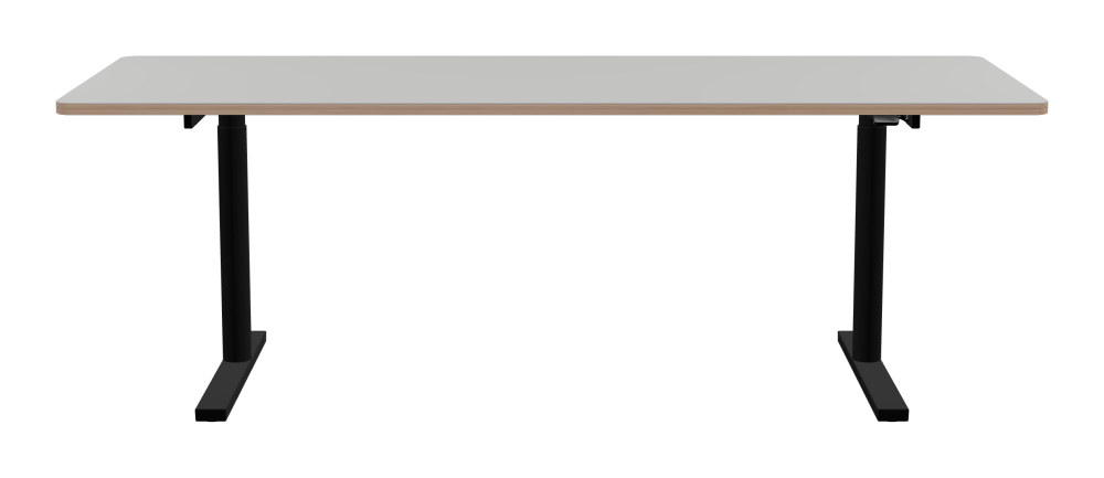 ATS Desk - Shape Square - Length 220.00 cm - Width 80.00 cm - Radius 4.00 cm - Thickness 2.6 cm - Freeform 1.00000000 - Surface Linoleum, 4175 Pebble - Core Birch Plywood - Profile Edge 90° / ATS Desk Frame - Material and Colour Powder coated, Jet black (RAL 9005) - Size L 166 × W 71 cm - Lifting Columns Round - Control Unit Standard