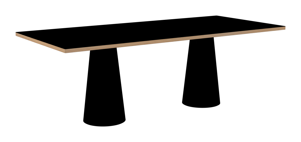 ALT Tisch - Form Eckig - Länge 220,00 cm - Tiefe 100,00 cm - Radius 1,00 cm - Stärke 3 cm - Oberseite Linoleum, 4023 Nero - Kern Stäbchenplatte - Kante Holz, Lärche - Kantenschräge 90° / ALT Tischsäule - Oberseite Linoleum, 4023 Nero - Größe S: Ø 36 × H 72 cm