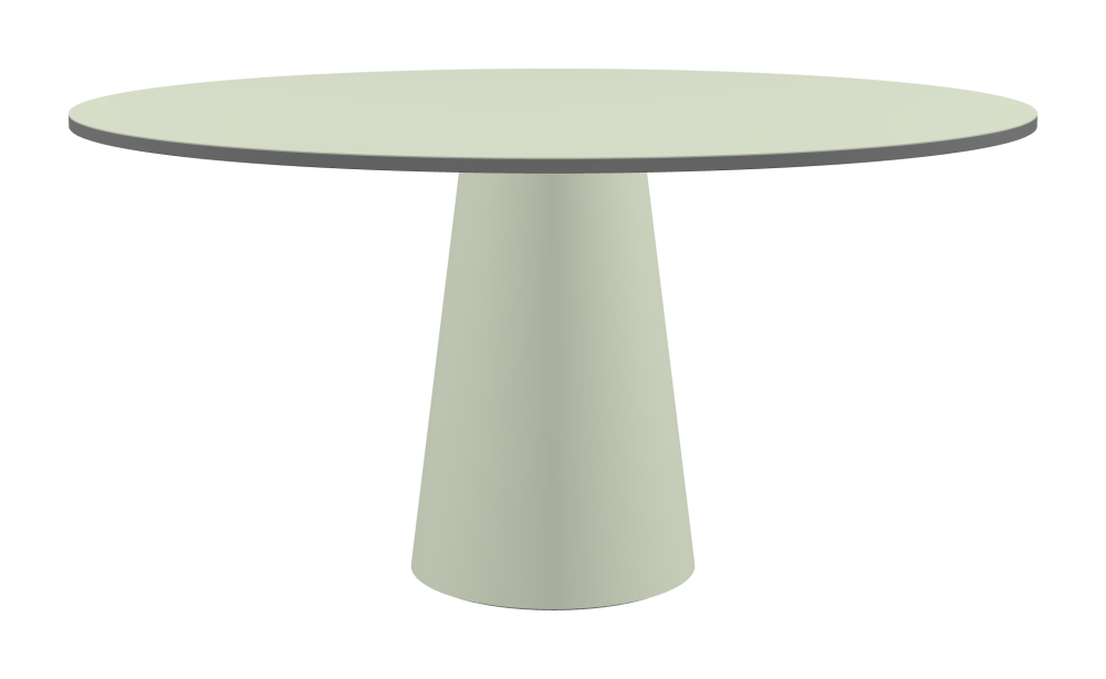 ALT Tisch - Form Superellipse - Länge 150,00 cm - Tiefe 100,00 cm - Superellipse Exponent 2,00  - Stärke 2,1 cm - Freiformfläche 1.00000000 - Oberseite Linoleum, 4183 Pistachio - Kern MDF - Kante MDF, Grau - Kantenschräge 90° / ALT Tischsäule - Oberseite Linoleum, 4183 Pistachio - Größe L: Ø 42 × H 72 cm