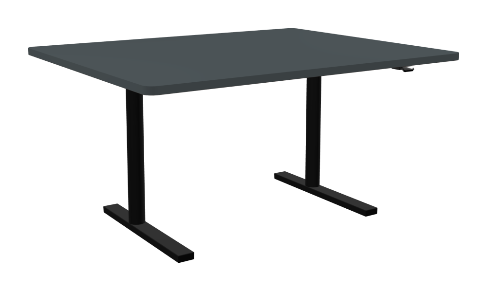 ATS Desk - Shape Square - Length 150.00 cm - Width 120.00 cm - Radius 4.00 cm - Thickness 3 cm - Surface Linoleum, 4155 Pewter - Core Laminboard - Edge Linoleum, 4155 Pewter - Profile Edge 90° / ATS Desk Frame - Material and Colour Powder coated, Jet black (RAL 9005) - Size L 106 × W 71 cm - Lifting Columns Round - Control Unit Standard