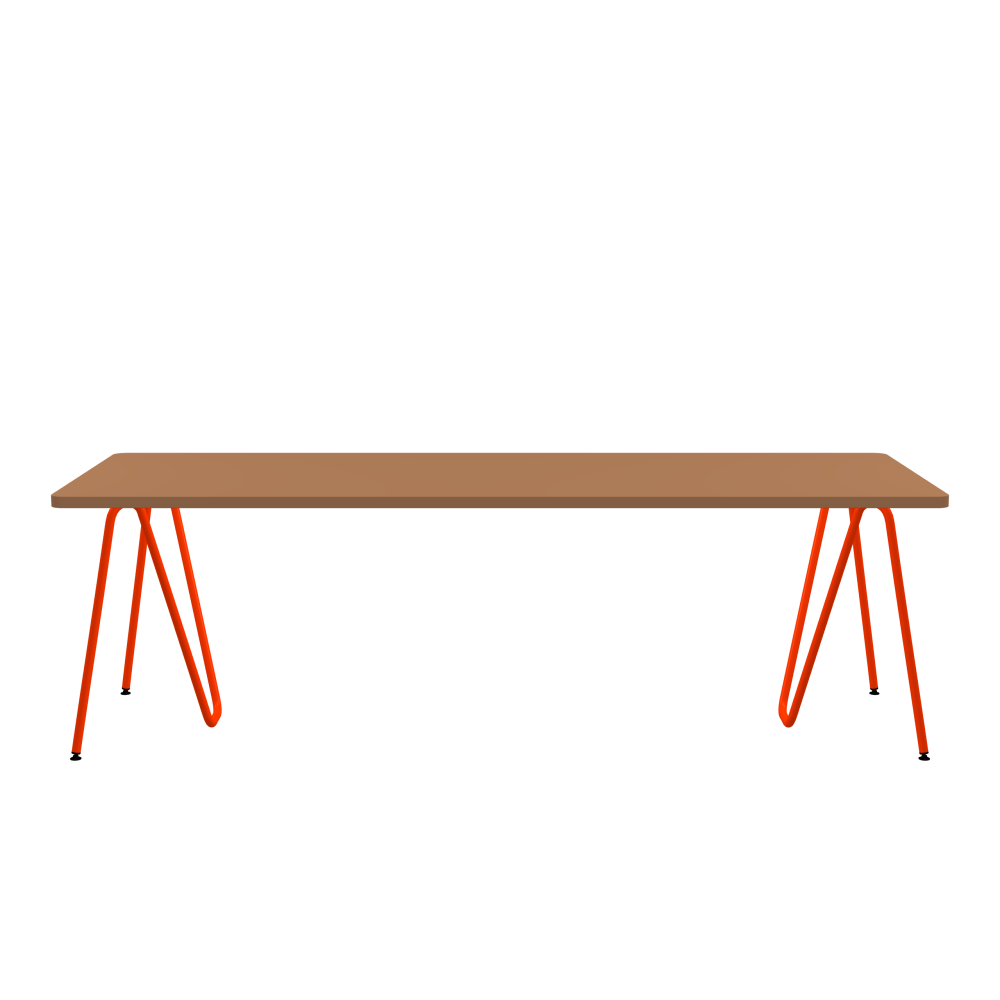 SINUS Tisch - Form Eckig - Länge 240,00 cm - Tiefe 90,00 cm - Radius 4,00 cm - Stärke 3 cm - Oberseite Linoleum, 4003 Walnut - Kern Stäbchenplatte - Kante Linoleum, 4003 Walnut - Kantenschräge 90° / SINUS Tischböcke - Material und Farbe Stahl, Pulverbeschichtet, Blutorange (RAL 2002) - Größe L: L 74 × B 36 × H 72 cm