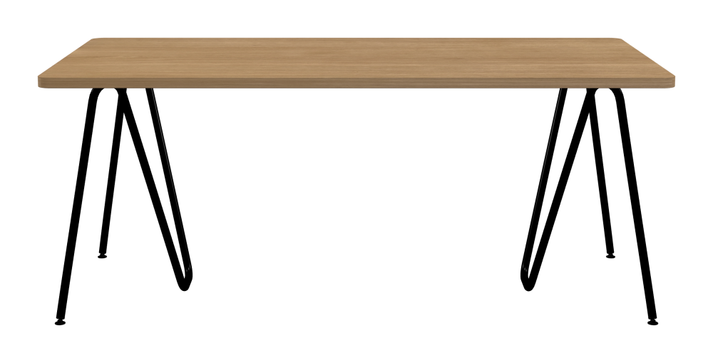 SINUS Tisch - Form Eckig - Länge 180,00 cm - Tiefe 90,00 cm - Radius 4,00 cm - Stärke 2,9 cm - Oberseite Holzfurnier, Eiche - Kern Stäbchenplatte - Kante Holz, Eiche - Kantenschräge 90° / SINUS Tischböcke - Material und Farbe Stahl, Pulverbeschichtet, Tiefschwarz (RAL 9005) - Größe L: L 74 × B 36 × H 72 cm