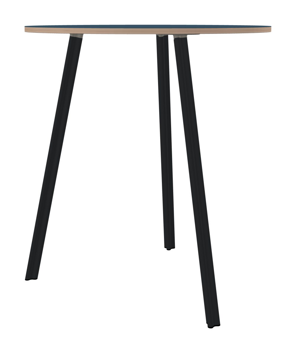 BEAM Tisch - Form Rund - Länge 95,00 cm - Tiefe 95,00 cm - Stärke 2 cm - Freiformfläche 1.00000000 - Oberseite Linoleum, 4005 Denim - Kern Multiplex Birke - Kantenschräge 90° / BEAM Tischbeine - Material und Farbe Aluminium, pulverbeschichtet, Schwarzgrau (RAL 7021) - Profilgröße Normal - Höhe 102 cm - Set 3 Tischbeine