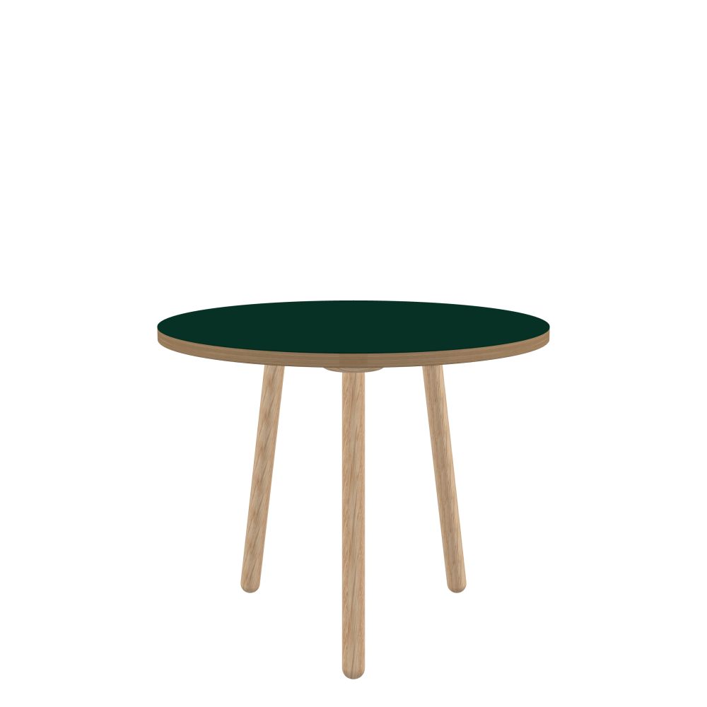 MT2 Tisch - Form Rund - Länge 90,00 cm - Tiefe 90,00 cm - Stärke 3 cm - Freiformfläche 1.00000000 - Oberseite Linoleum, 4174 Conifer - Kern Stäbchenplatte - Kante Holz, Eiche - Kantenschräge 90° / MT2 Tischbeine - Material und Farbe Holz, Eiche, natur, matt geölt - Set 3 Tischbeine