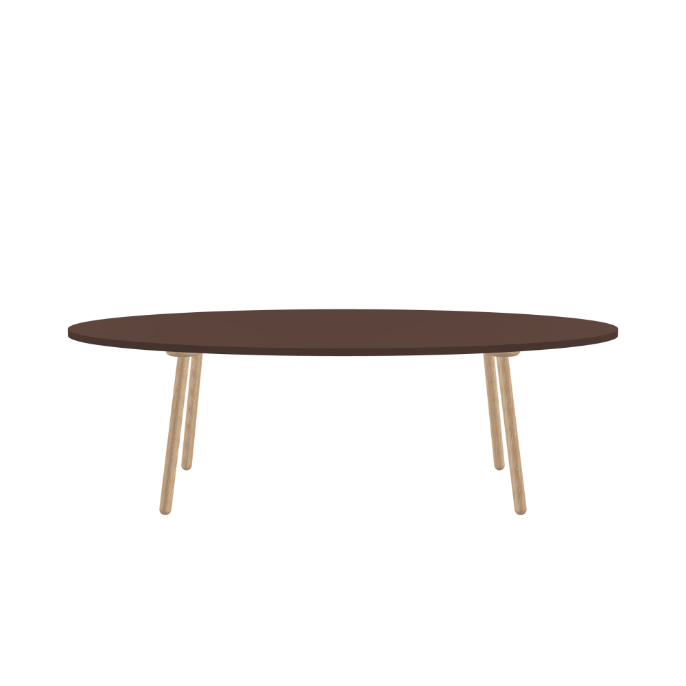 MT2 Tisch - Form Rund - Länge 240,00 cm - Tiefe 120,00 cm - Stärke 3 cm - Freiformfläche 1.00000000 - Oberseite Linoleum, 4009 Espresso - Kern Stäbchenplatte - Kante Linoleum, 4009 Espresso - Kantenschräge 90° / MT2 Tischbeine - Material und Farbe Holz, Eiche, natur, matt geölt - Set 4 Tischbeine