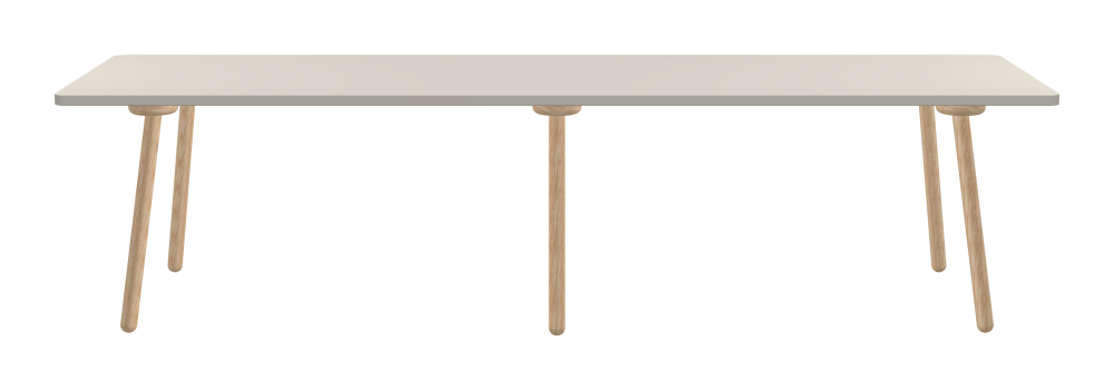 MT2 Tisch - Form Eckig - Länge 300,00 cm - Tiefe 90,00 cm - Radius 4,00 cm - Stärke 3 cm - Oberseite Linoleum, 4176 Mushroom - Kern Stäbchenplatte - Kante Linoleum, 4176 Mushroom - Kantenschräge 90° / MT2 Tischbeine - Material und Farbe Holz, Eiche, natur, matt geölt - Set 6 Tischbeine