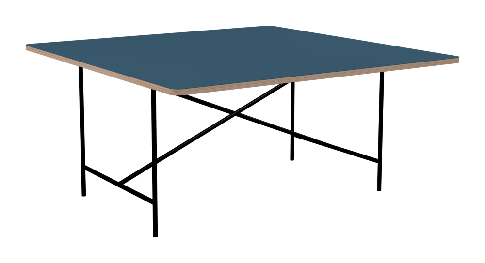 E2 Tisch - Form Eckig - Länge 160,00 cm - Tiefe 160,00 cm - Radius 4,00 cm - Stärke 2,6 cm - Freiformfläche 1.00000000 - Oberseite Linoleum, 4005 Denim - Kern Multiplex Birke - Kantenschräge 90° / E2 Tischgestell - Material und Farbe Stahl, Tiefschwarz (RAL 9005) - Kreuzstreben Mittig - Länge 135 cm - Breite 78 cm - Höhe 72 cm