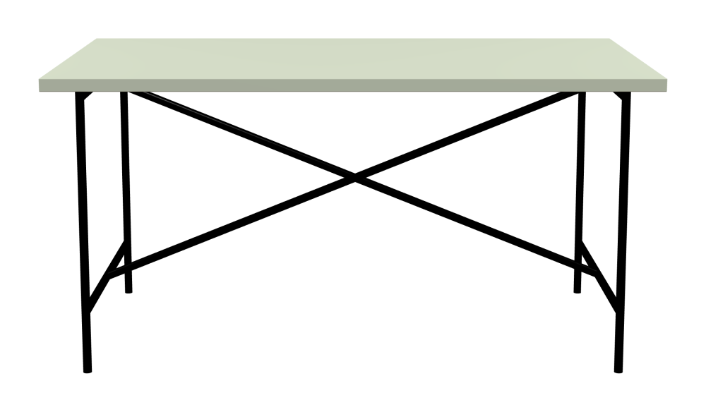 E2 Tisch - Form Eckig - Länge 150,00 cm - Tiefe 80,00 cm - Radius 0,30 cm - Stärke 3 cm - Oberseite Linoleum, 4183 Pistachio - Kern Stäbchenplatte - Kante Linoleum, 4183 Pistachio - Kantenschräge 90° / E2 Tischgestell - Material und Farbe Stahl, Tiefschwarz (RAL 9005) - Kreuzstreben Mittig - Länge 135 cm - Breite 70 cm - Höhe 72 cm