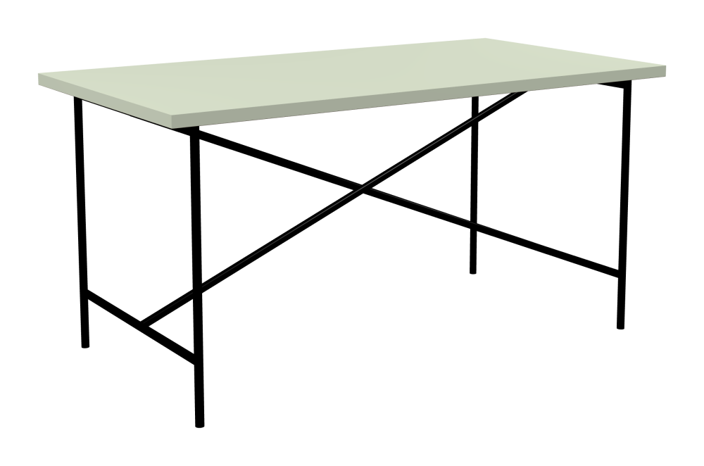 E2 Tisch - Form Eckig - Länge 150,00 cm - Tiefe 80,00 cm - Radius 0,30 cm - Stärke 3 cm - Oberseite Linoleum, 4183 Pistachio - Kern Stäbchenplatte - Kante Linoleum, 4183 Pistachio - Kantenschräge 90° / E2 Tischgestell - Material und Farbe Stahl, Tiefschwarz (RAL 9005) - Kreuzstreben Mittig - Länge 135 cm - Breite 70 cm - Höhe 72 cm