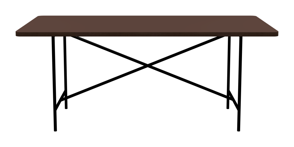E2 Tisch - Form Eckig - Länge 180,00 cm - Tiefe 90,00 cm - Radius 4,00 cm - Stärke 3 cm - Oberseite Linoleum, 4009 Espresso - Kern Stäbchenplatte - Kante Holz, Räuchereiche - Kantenschräge 90° / E2 Tischgestell - Material und Farbe Stahl, Tiefschwarz (RAL 9005) - Kreuzstreben Mittig - Länge 135 cm - Breite 60 cm - Höhe 72 cm